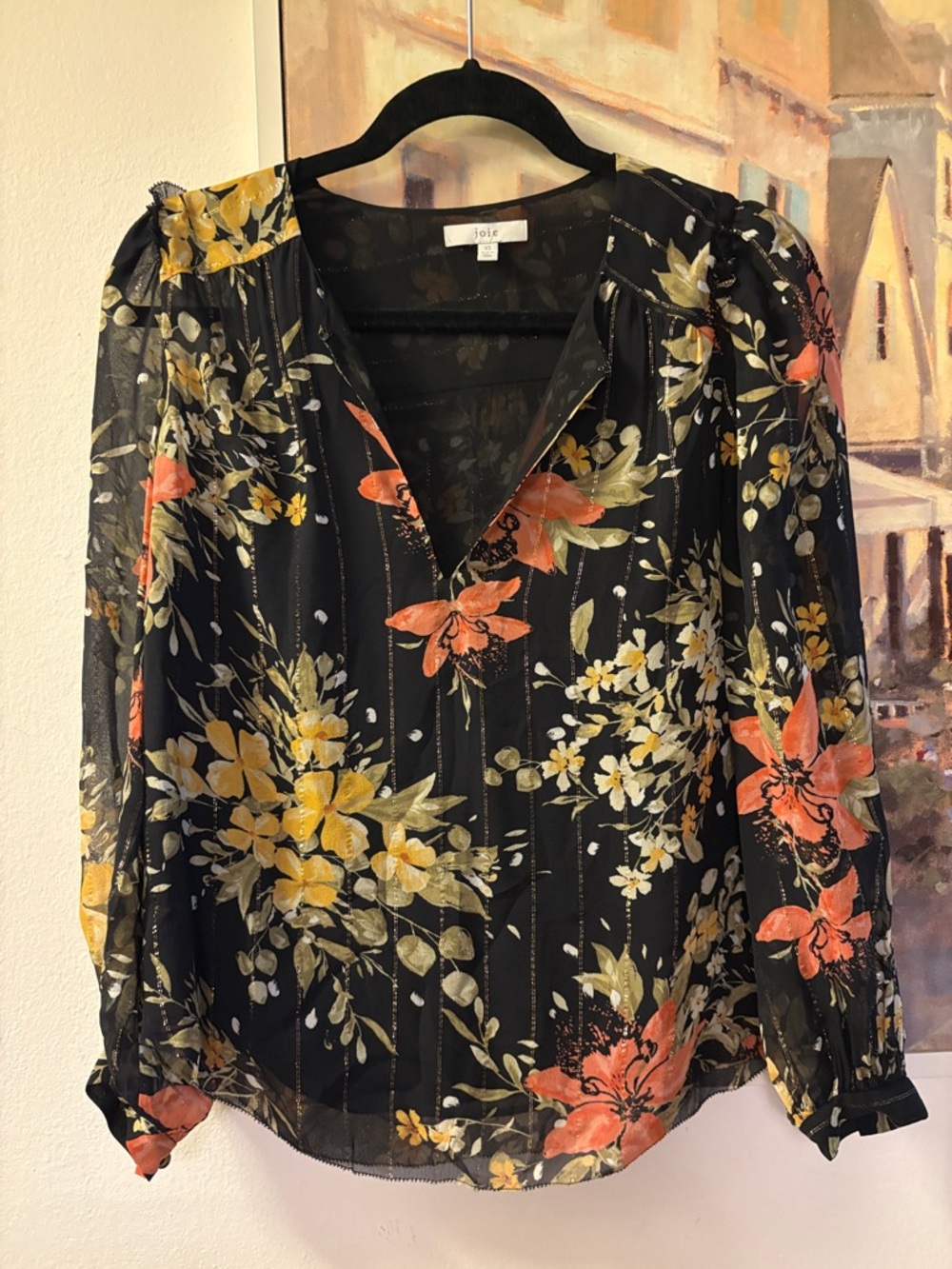 Joie Albany Silk Floral Blouse Black Sheer Long Sleeve XS - Picture 2 of 4